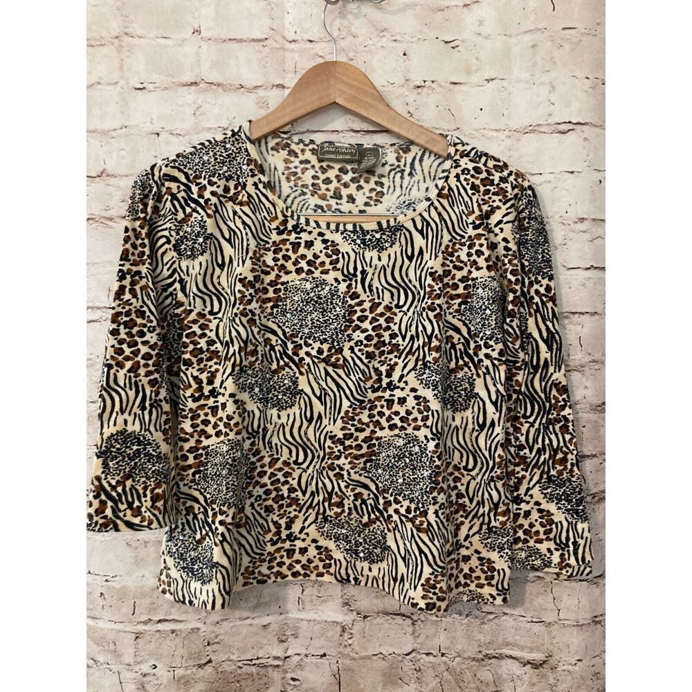 Jane Ashley Top Womens Large Brown Animal Print Beaded Cotton Stretch Cheetah